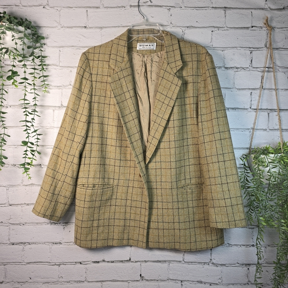 VINTAGE DUMAS TAN PLAID BLAZER WOOL BLEND GOLDEN TAN COLOR CLASSIC WOMENS 8